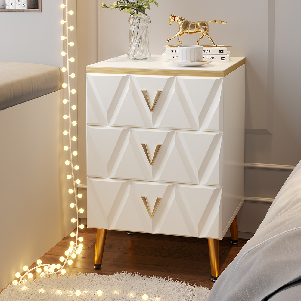 Nordic white nightstand 3 drawer bedside table v shaped facet gold pulls in large