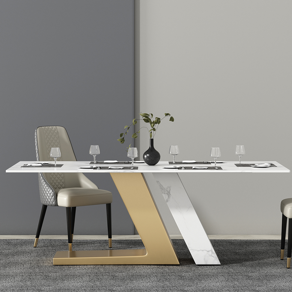 Modern 71" White Dining Table for 8 Rectangle Faux Marble Top & Stainless Steel Pedestal