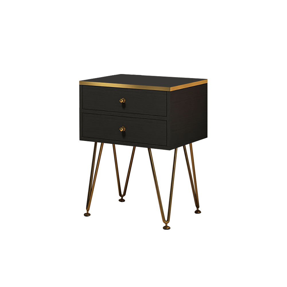 Black Small Nightstand with 2 Drawers Bedside Table Gold Pulls & V ...