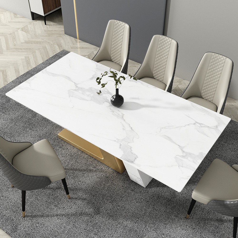 63" White Rectangle Modern Dining Table with Stone Top & Stainless Steel Pedestal