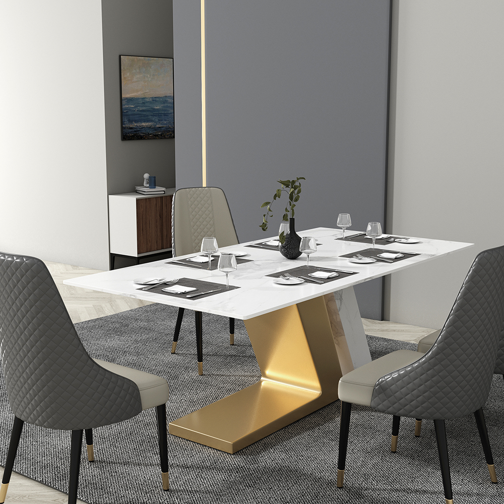 2000mm White Rectangle Modern Dining Table for 8 Stone Top & Stainless Steel Pedestal