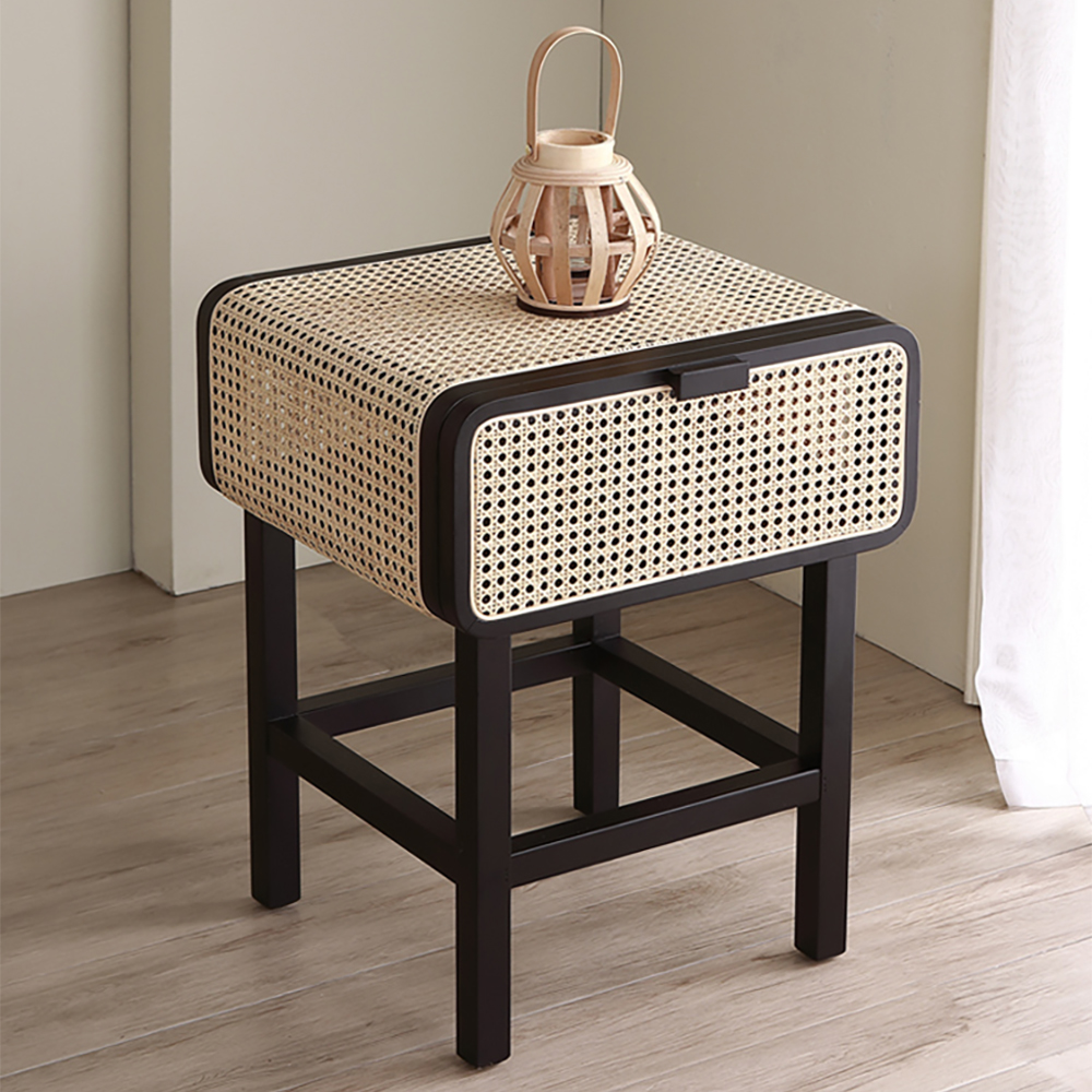 Black rattan nightstand for bedroom living room storage bedside table