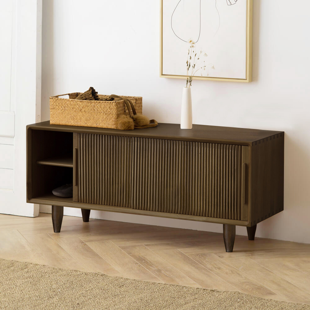 39.4" Rustic Storage Bench with Sliding Doors Adjustable Shelf Walnut