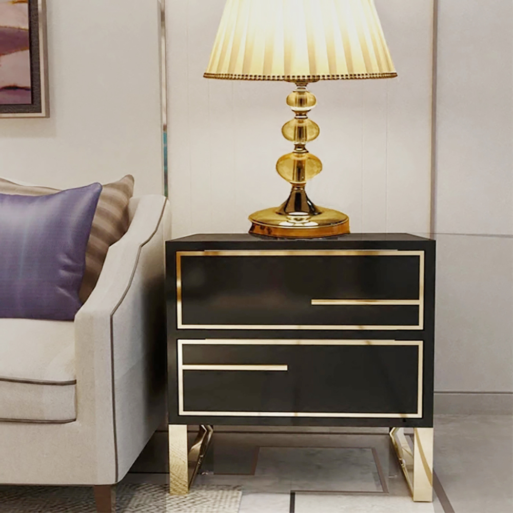 Modern black nightstand lacquered 2 drawer with golden stainless steel legs