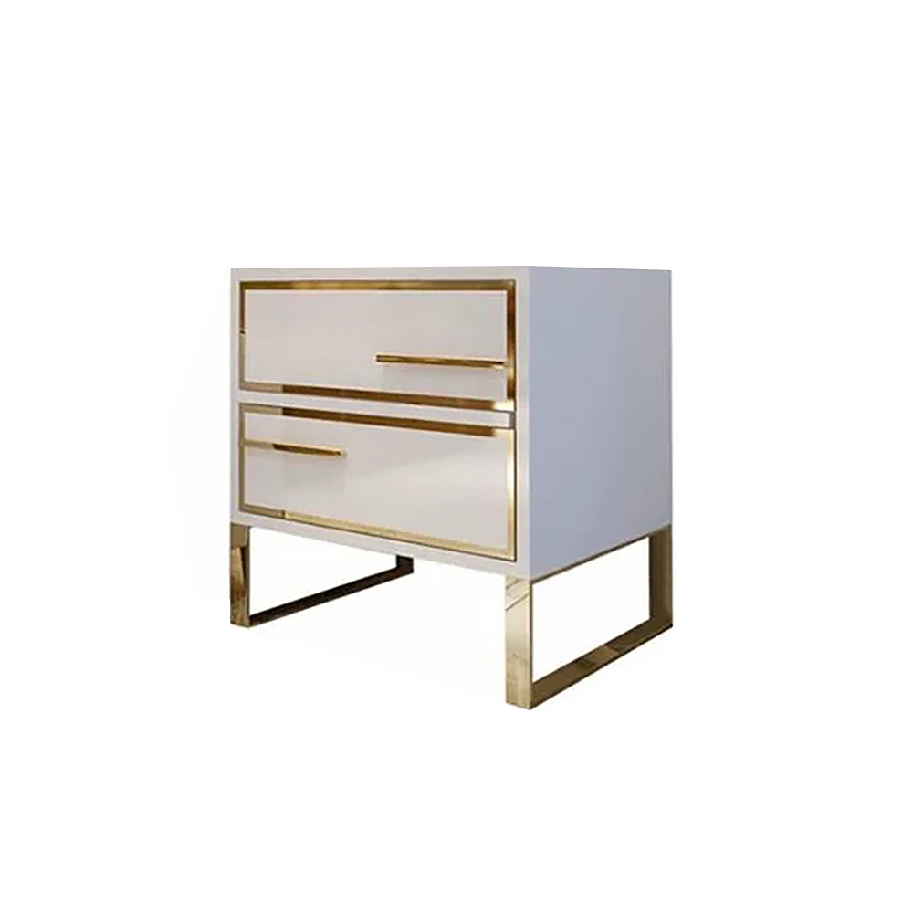 Modern White Bedside Table Lacquered 2-Drawer with Golden Stainless Steel Legs