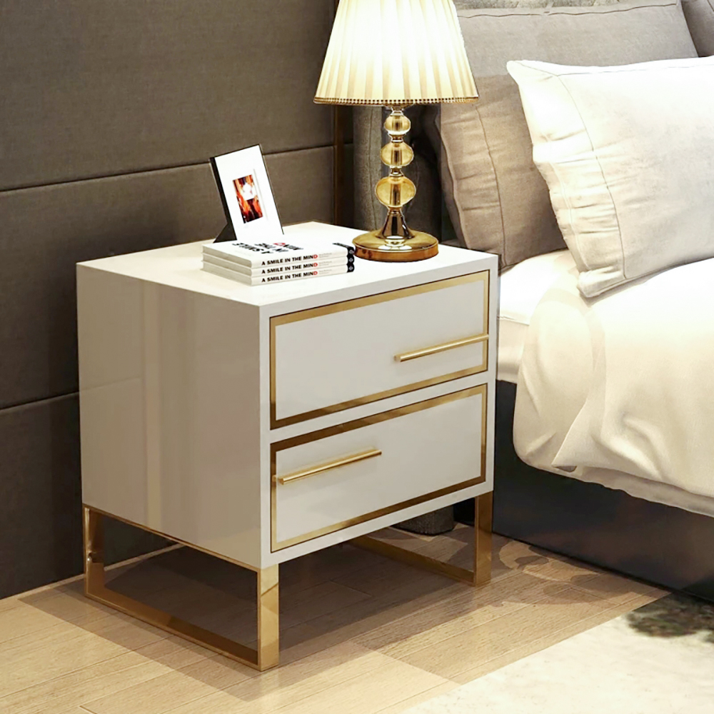 Modern white nightstand lacquered 2 drawer with golden stainless steel legs