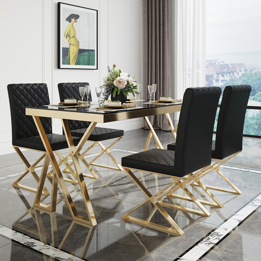 Silla de mesa de comedor moderna de cuero negro tapizada en oro, juego de 2