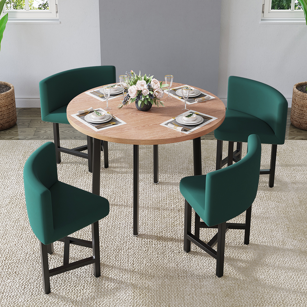 40" Round Wooden Nesting Dining Table Set for 4 Green Upholstered