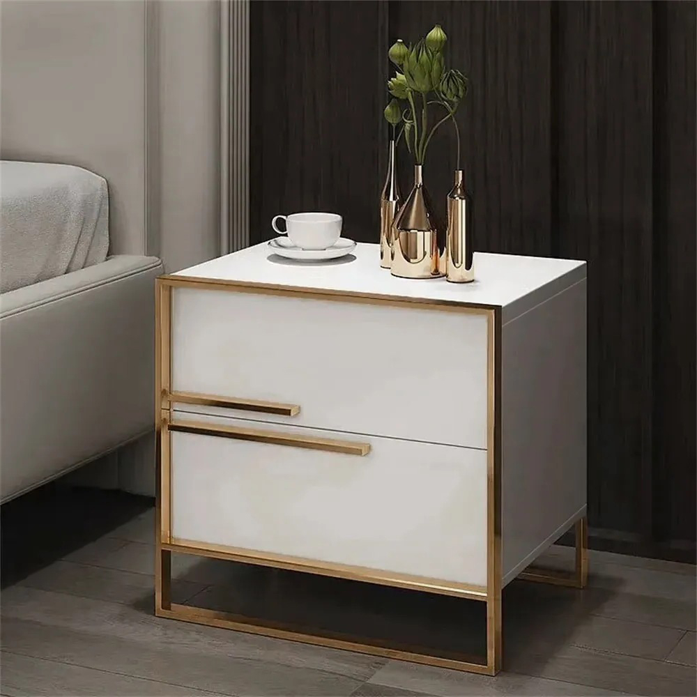 Modern 2 drawers white lacquer nightstand square bedside table in