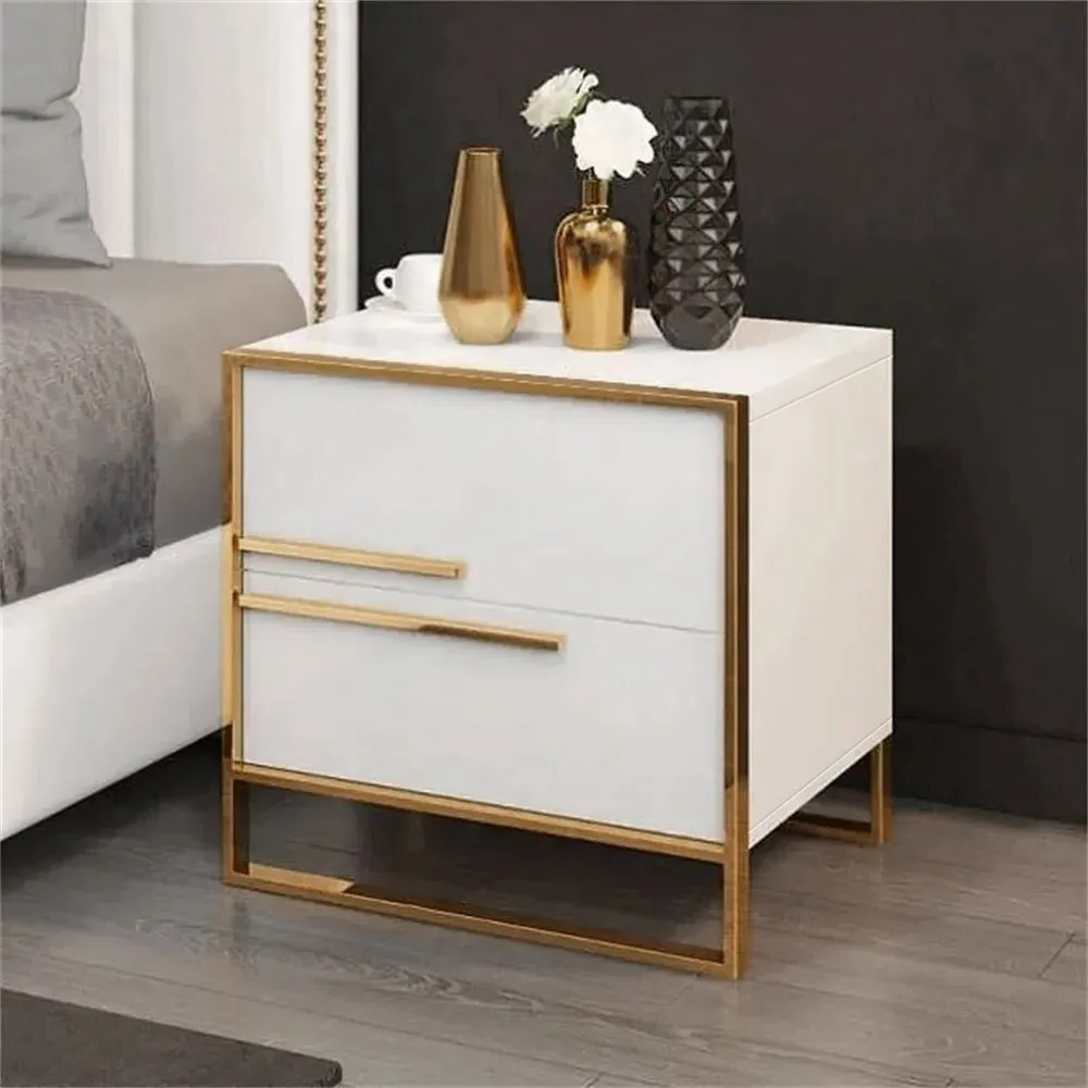 Modern 2 Drawers White Lacquer Nightstand Square Bedside Table in Gold ...