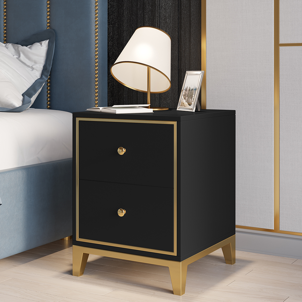 Black modern nightstand bedside table with 2 drawer and gold