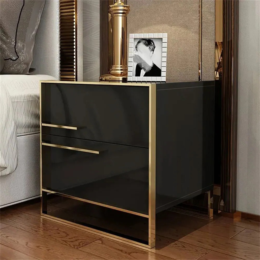 Modern 2 drawers black lacquer nightstand square bedside table in