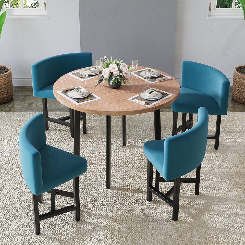 1000mm Round Wooden 4 Person Dining Table with Blue Upholstered Chairs Set for Nook Balc