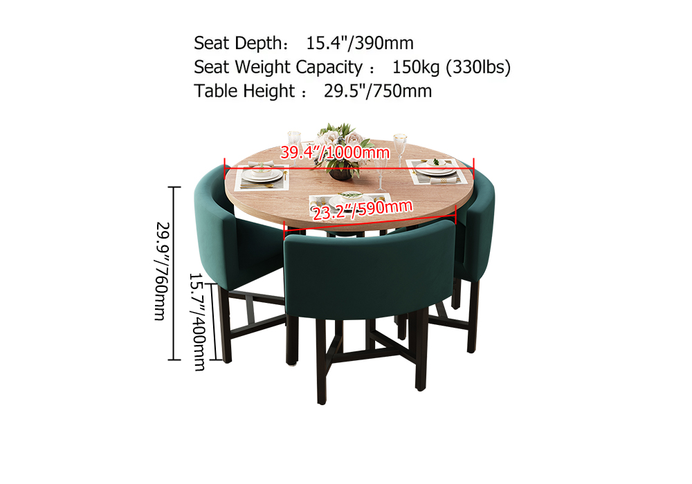 1000mm Round Wooden Nesting Dining Table Set for 4 Green Upholstered Chairs