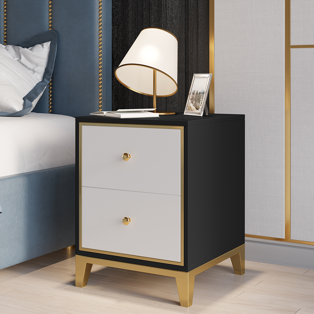 White black modern nightstand bedside table with 2 drawer and gold legs