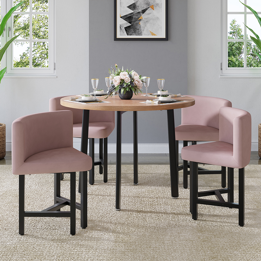 1000mm Round Wooden Small Dining Table Set of 4 Pink Upholstered Chairs for Nook Balcony