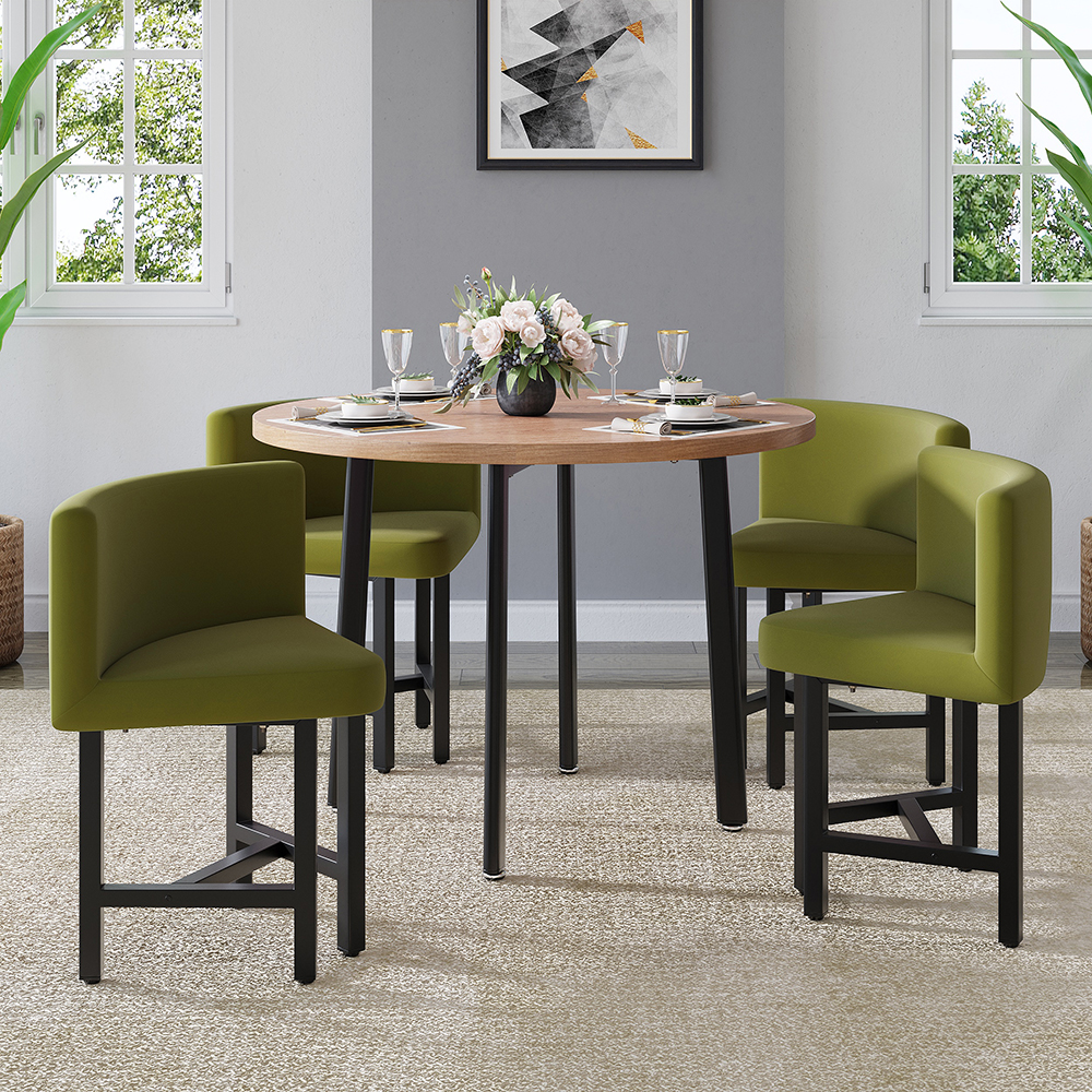 40" Round Wooden 4 Seater Dining Table Set Yellow Upholstered Chairs ...