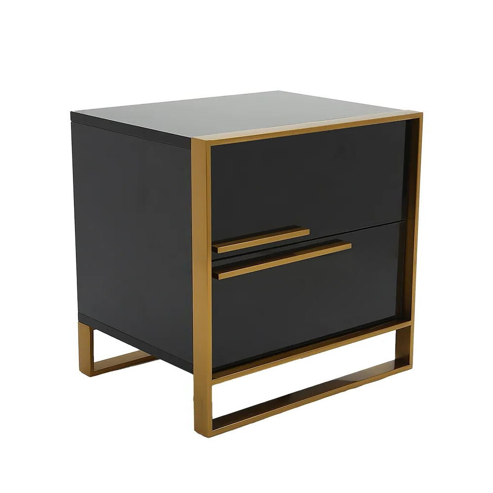 Modern 2 Drawers Black Lacquer Nightstand Square Bedside Table in Gold