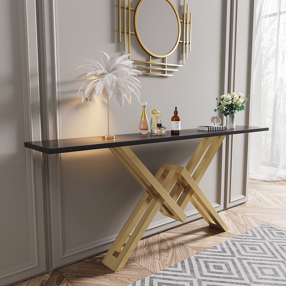 1500mm Black & Gold Narrow Console Table Accent Table For Hallway X Base & Metal