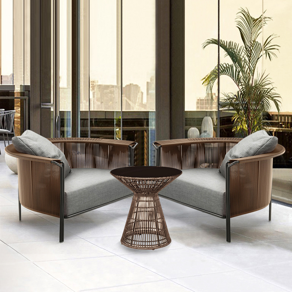 3Pcs Modern Coffee Rattan Outdoor Sofa Set with Glass Top Coffee Table