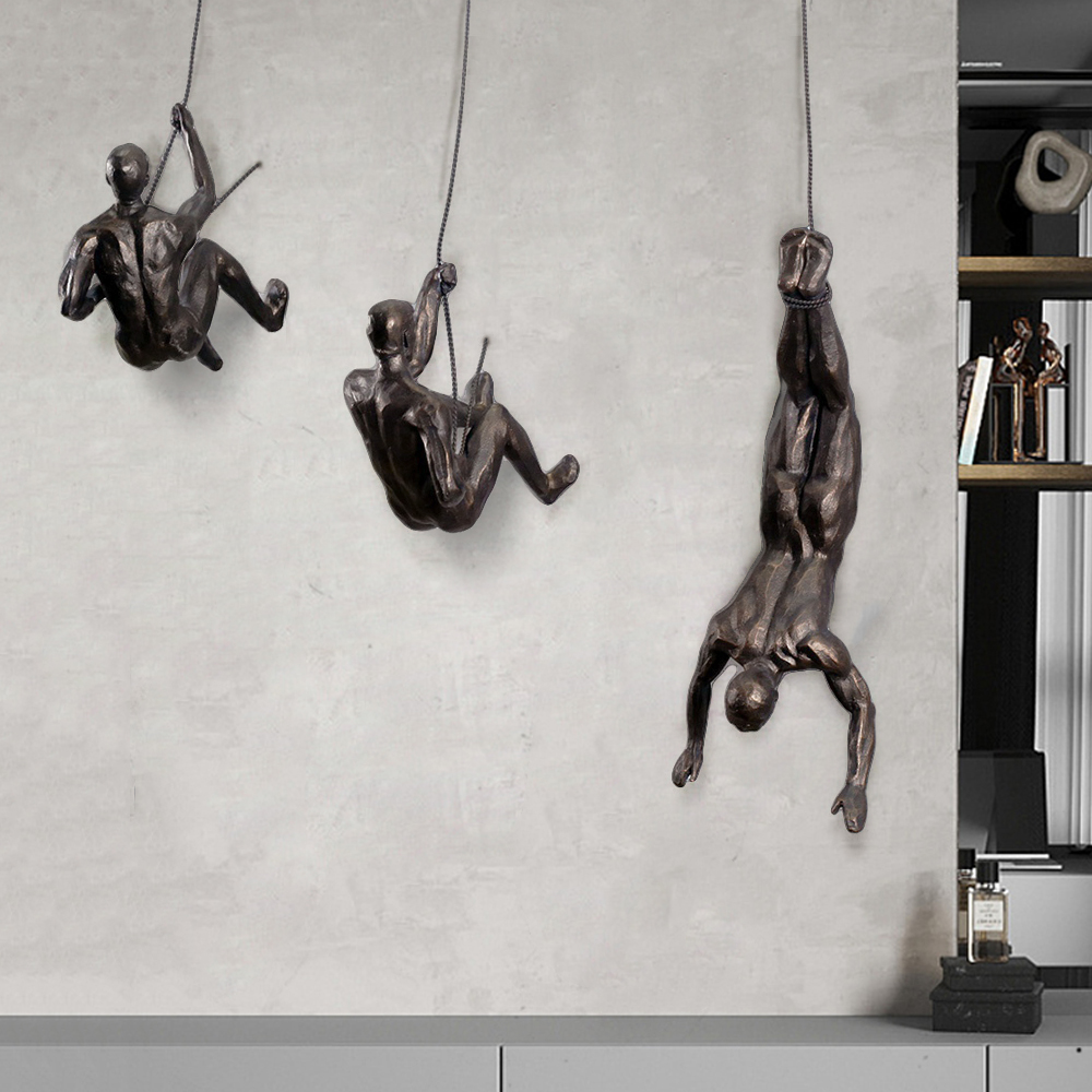 Industrial 3 Pieces Climbing Man Resin Wall Decor in Copper