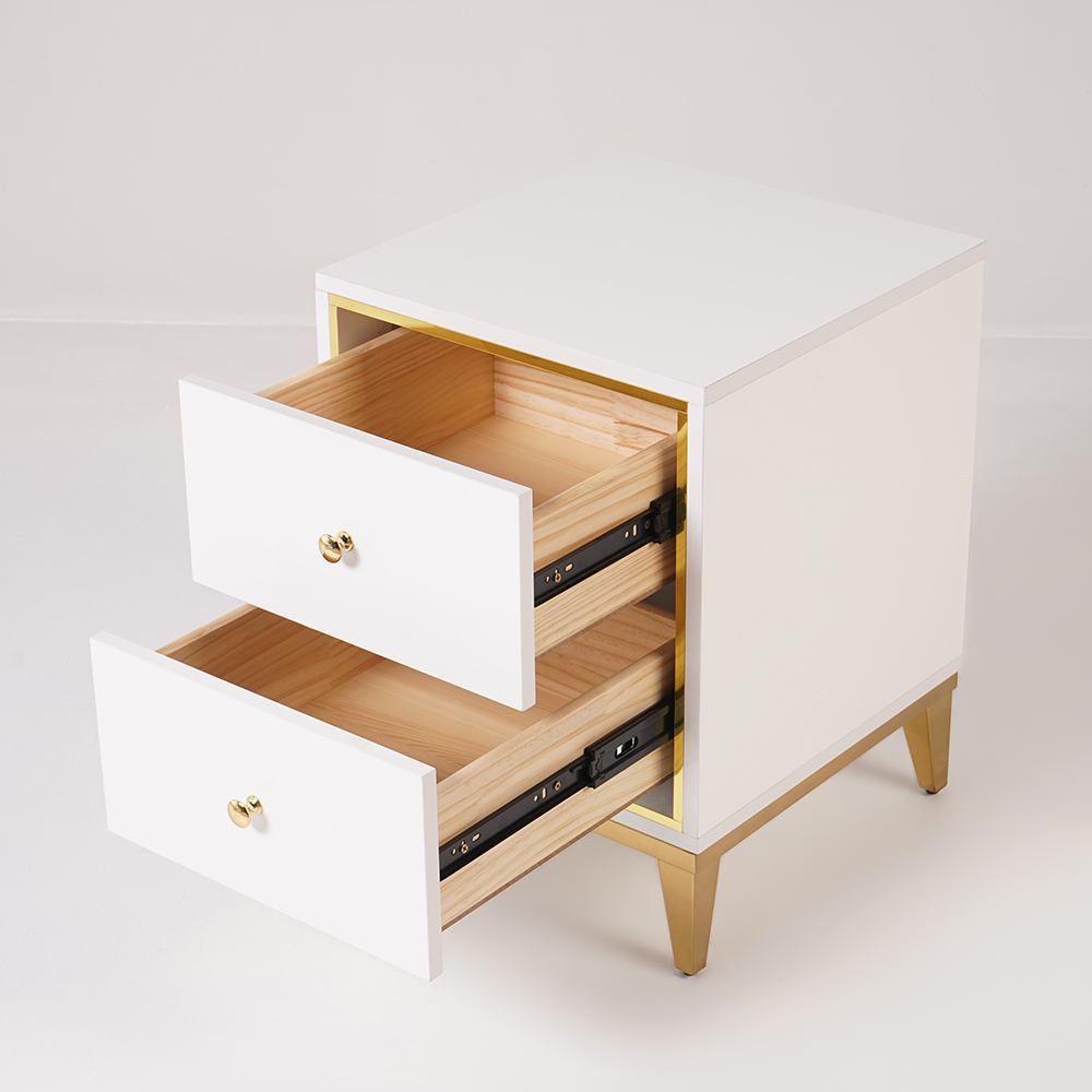 Weißer moderner Nachttisch mit 2 Schubladen und goldenen Beinen