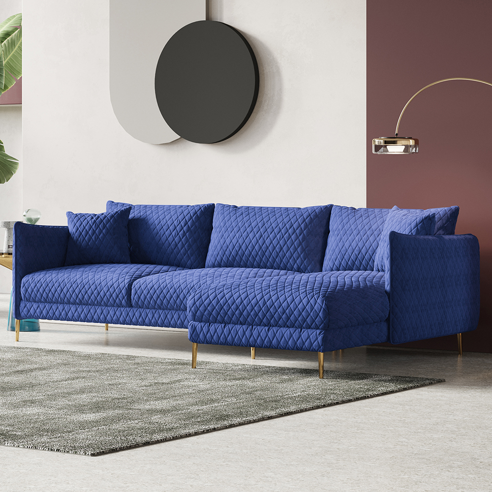111" Modern Blue Velvet Modular Sectional Sofa with Chaise for 4