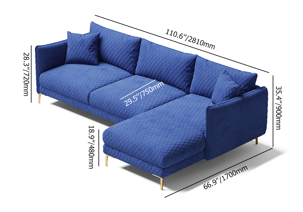 111" Modern Blue Velvet Modular Sectional Sofa With Chaise For 4 ...