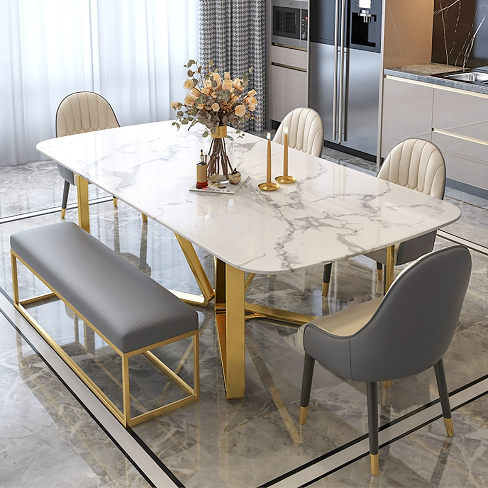 Marby Modern Rectangle 1600mm Faux Marble Dining Table Gold Base Stainless Steel