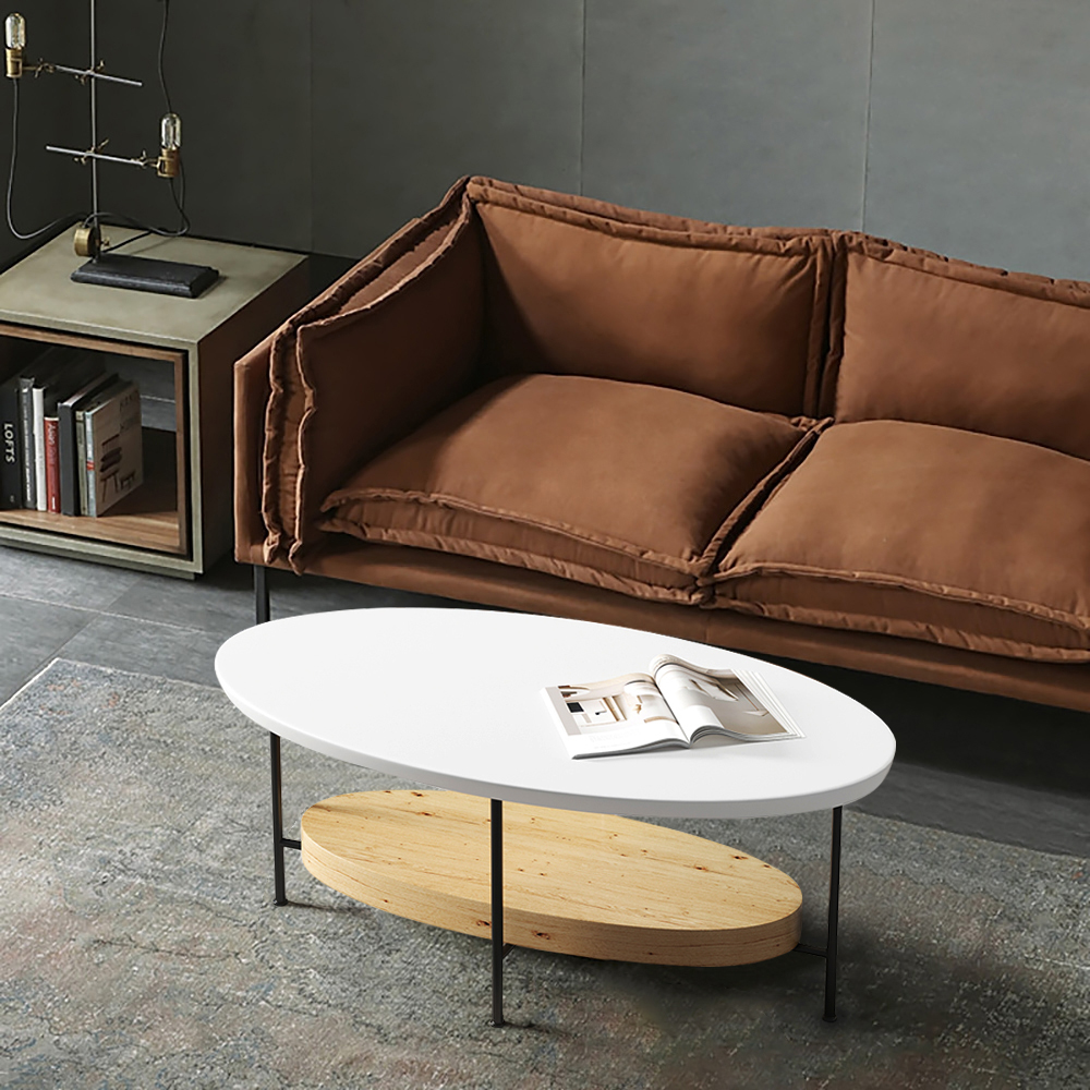 39" Modern White & Natural Oval Coffee Table with Storage Shelf Light