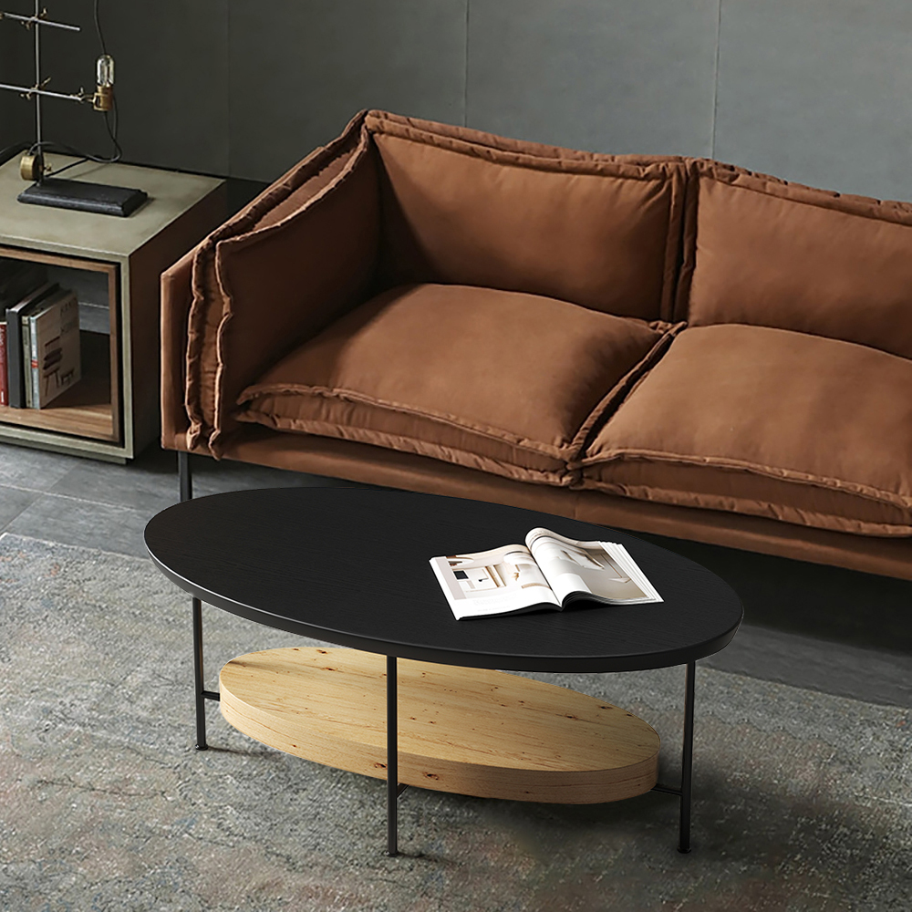 39" Modern Black & Natural Coffee Table with Storage Shelf Light Wood