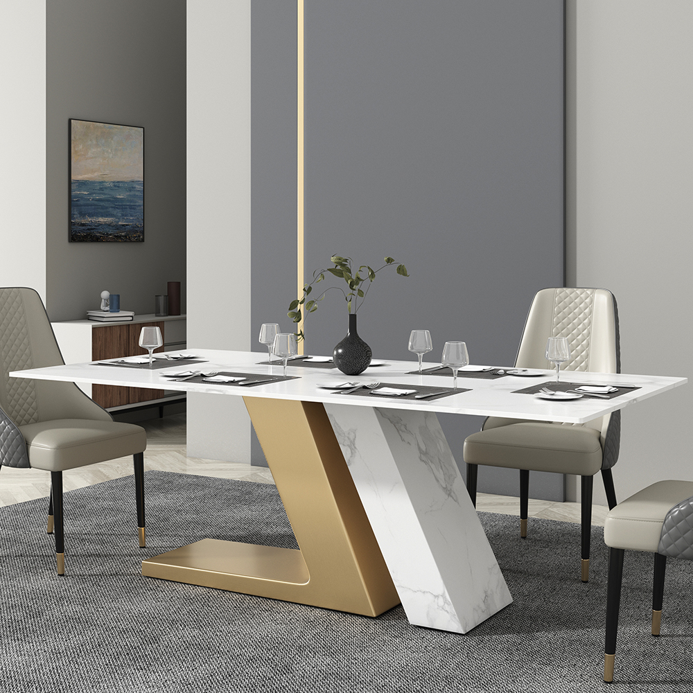Modern 79" White Dining Table for 8 Rectangle Sintered Stone & Stainless Steel Pedestal