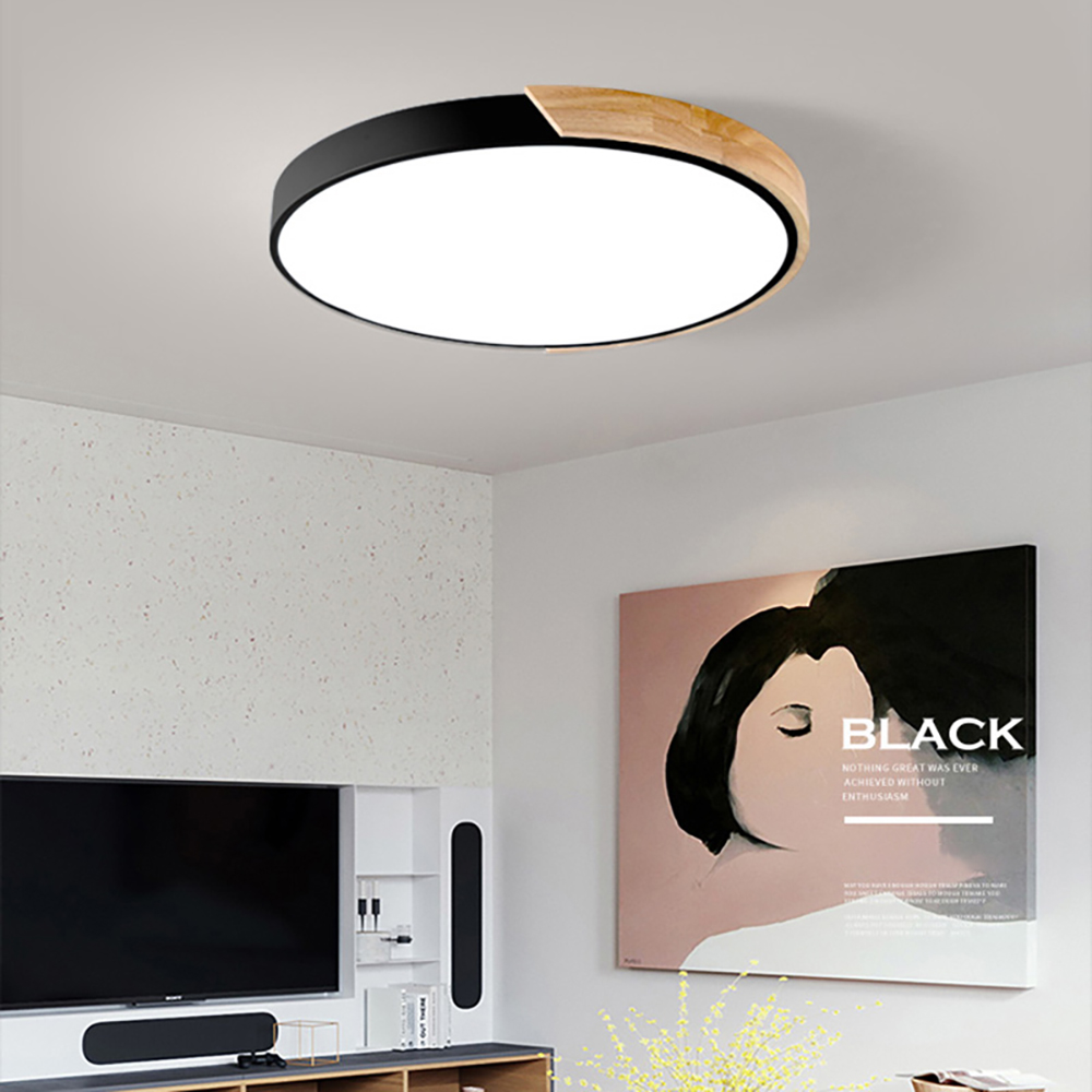 Modern LED Drum Flush Mount Ceiling Light in Black Dimmable & Remote Control