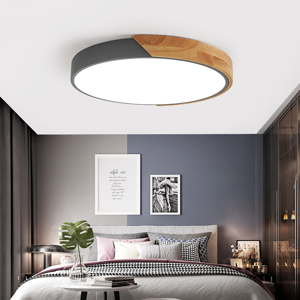 LED Drum Shaped Wood & Metal & Acrylic Medium Flush Mount Ceiling Light in Grey Dimmable