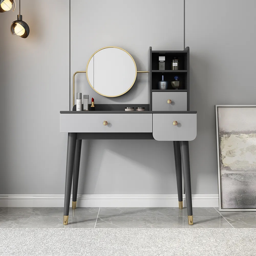 Ultic 2 Pieces Minimalist Makeup Vanity Set in Grey with Mirror & StoolHomary