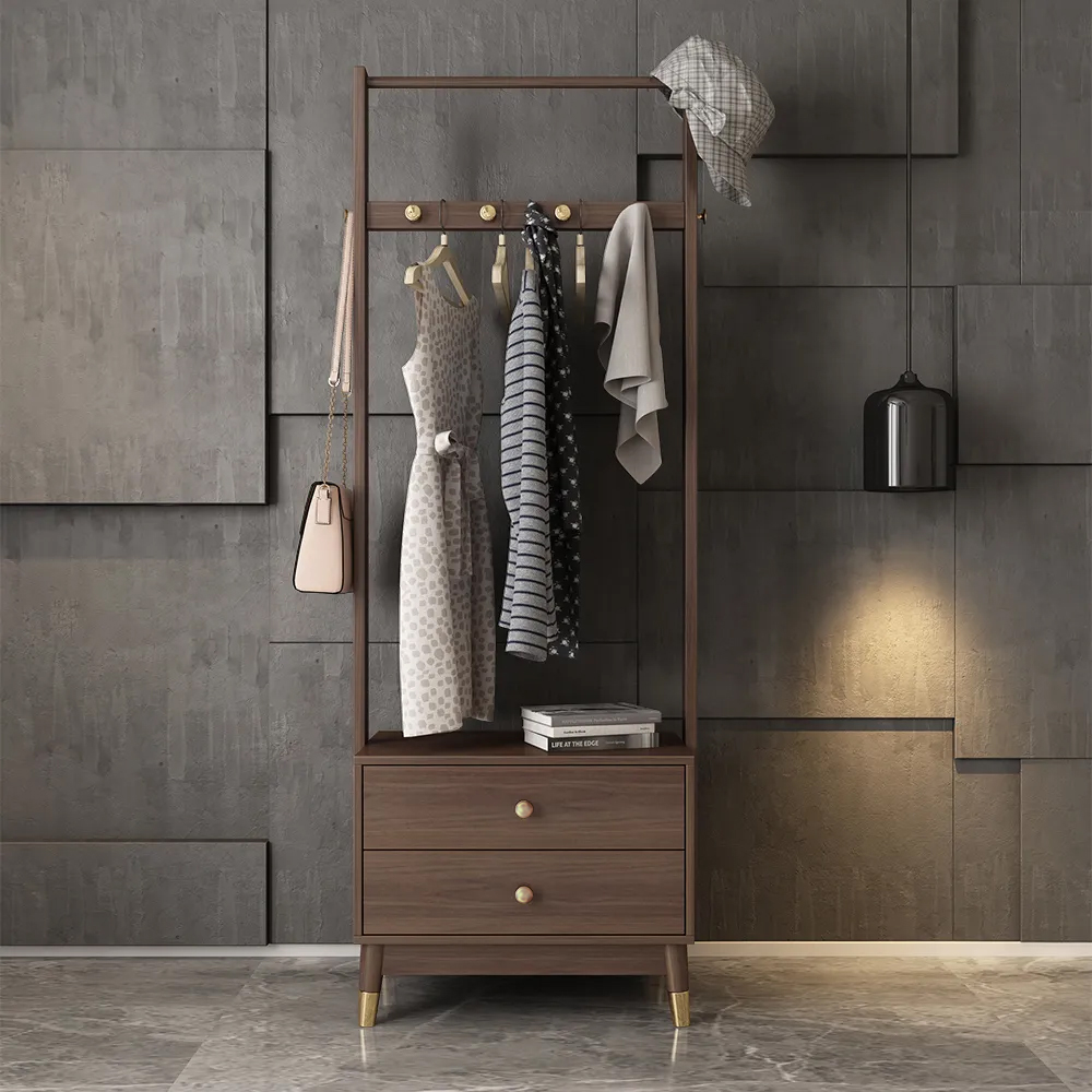 Image of Ultic Walnut Classic Clothes Rack with Wood Frame Drawers Included
