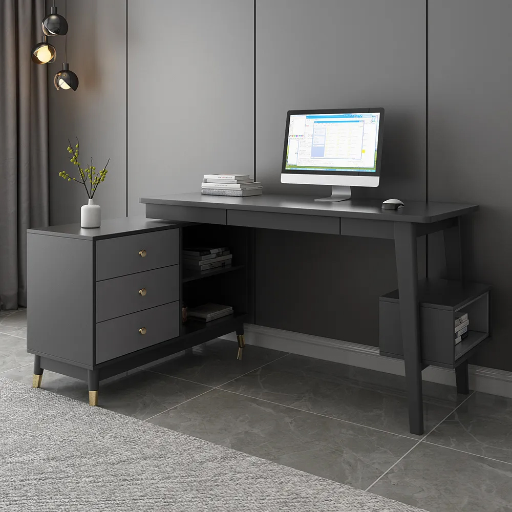 Ultic Grey Reversible L-Shaped Desk Computer Desk with Drawers & Shelf