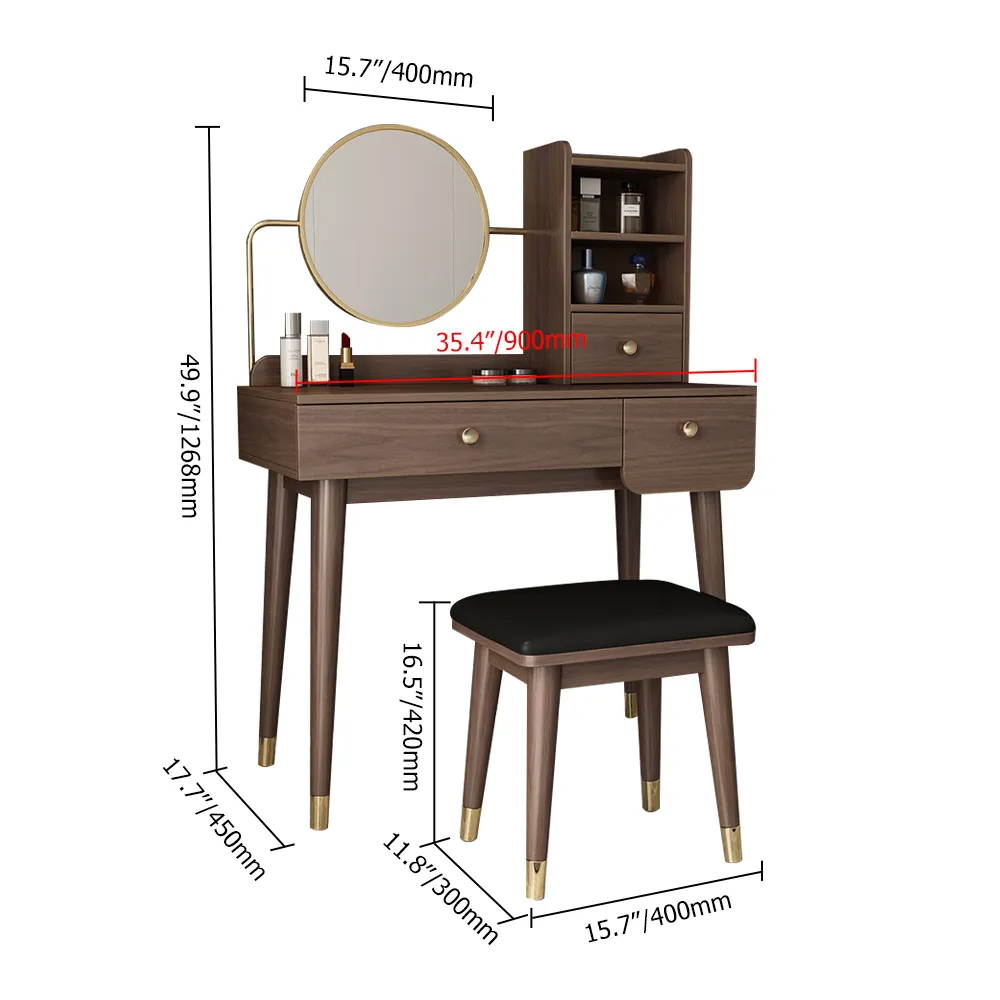 2 Pieces Minimalist Makeup Vanity Set in Walnut with Mirror & Stool-Homary