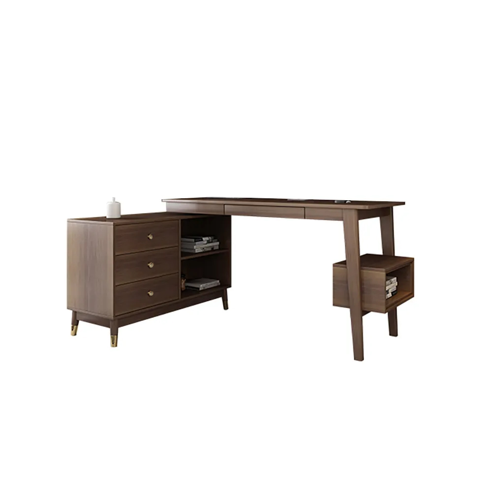 Reversibler L-förmiger Schreibtisch aus Walnuss mit Schubladen und Regal