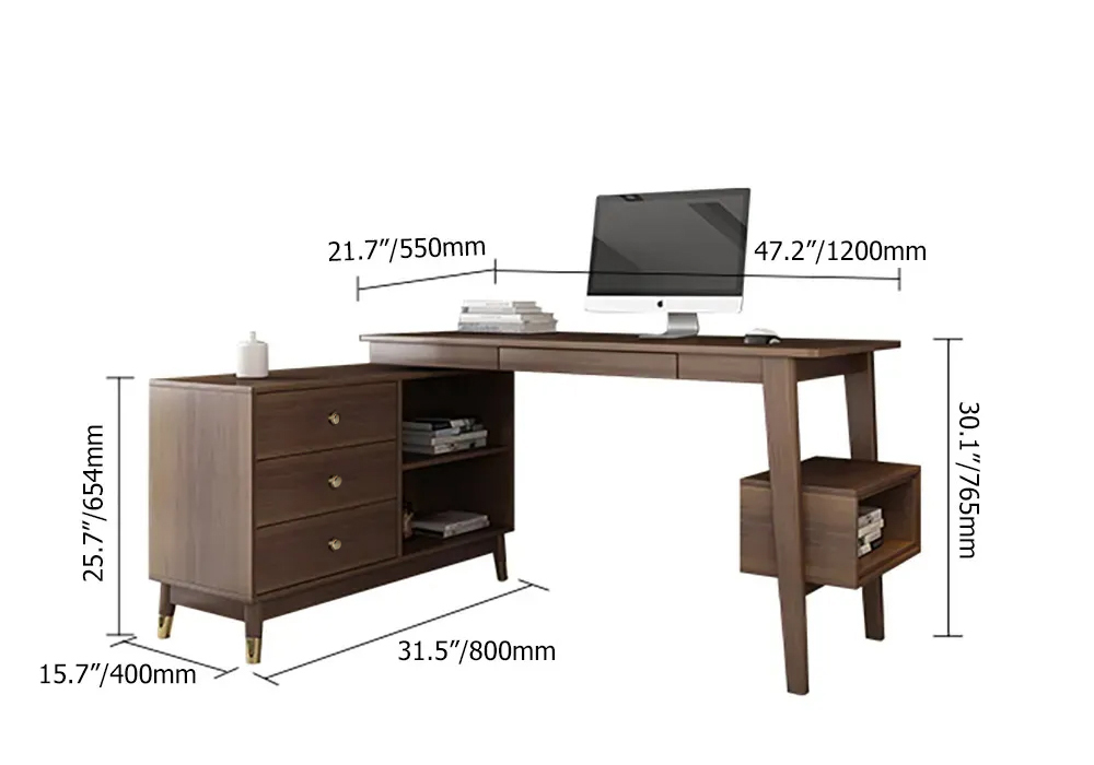 Reversibler L-förmiger Schreibtisch aus Walnuss mit Schubladen und Regal