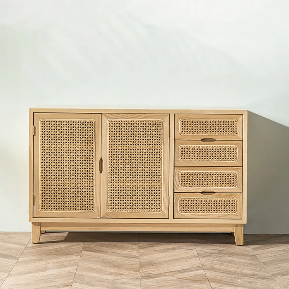 Image of 47" Natural Sideboard Buffet Rattan Kitchen Buffet Cabinet with 2 Doors 2 Shelves 4 Drawers