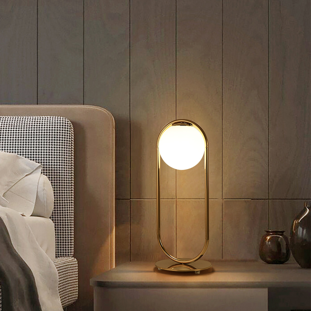 Image of Gold Metal White Glass Globe Table Lamp LED for Bedroom