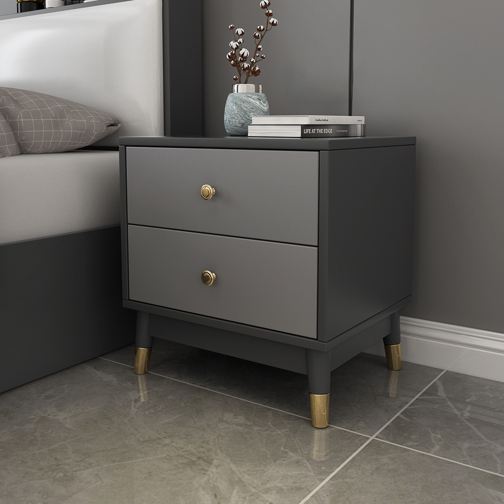 Modern nightstand with 2 drawers in gray with metal legs
