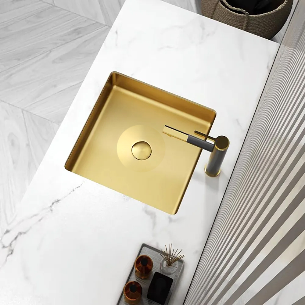 Gold Luxury Stainless Steel Rectangular Basin Undermount Bathroom Wash Basin