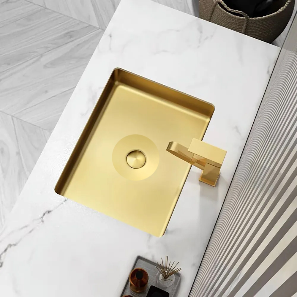 Image of Gold Luxury Stainless Steel Rectangular Sink Undermount Bathroom Wash Sink