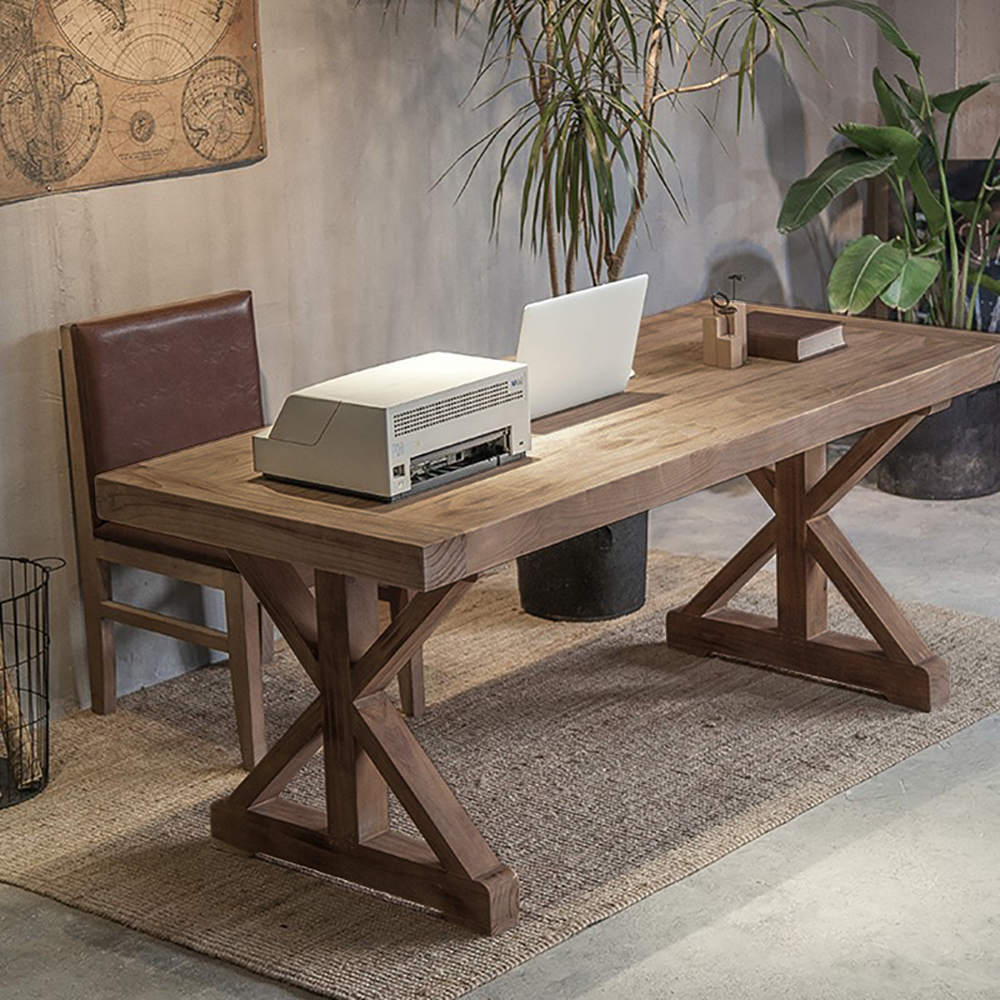 Image of 59.1" Rustic Farmhouse Wooden Office Desk in Natural with Trestle