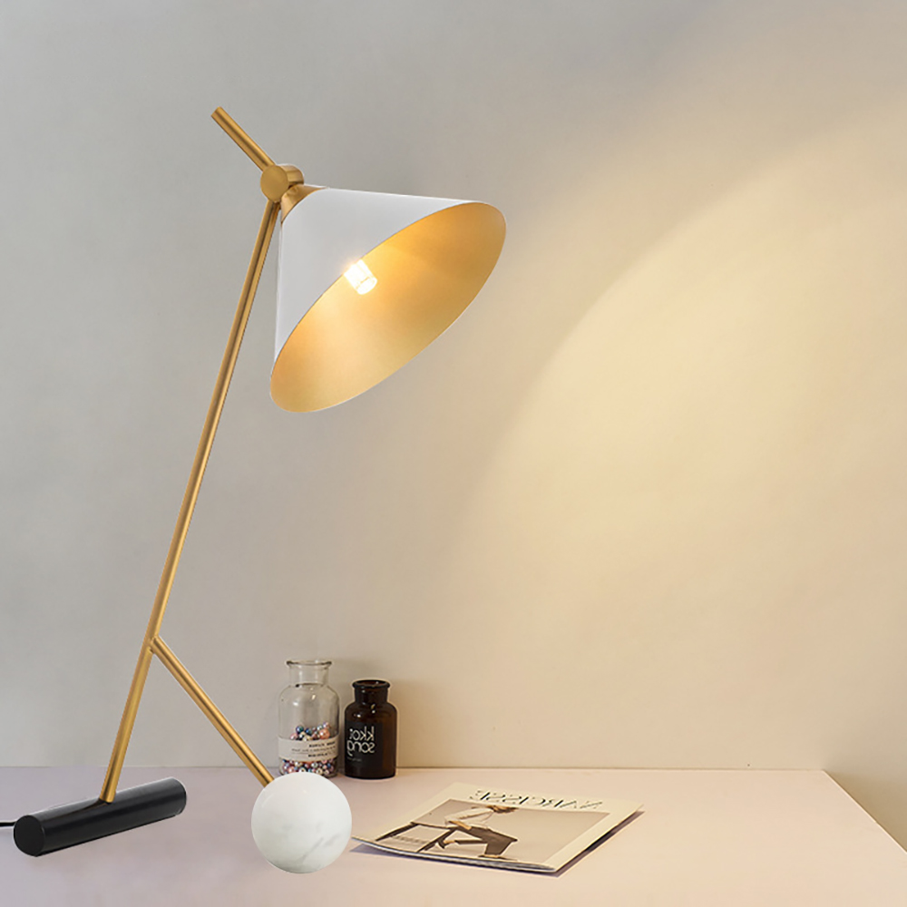 Image of Postmodern White & Gold 1-Light Desk Table Lamp for Bedroom and Living Room