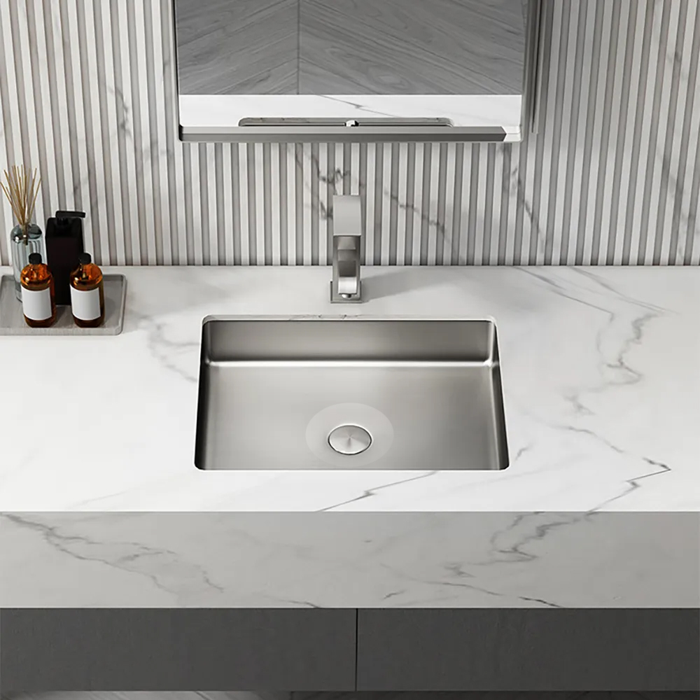 Image of Brushed Nickel Modern Stainless Steel Rectangular Sink Undermount Bathroom Wash Sink