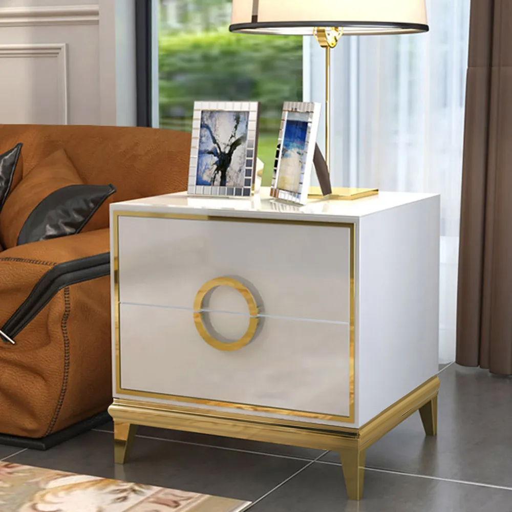 White Square 2 Drawers Bedroom Nightstand with Gold LegsHomary