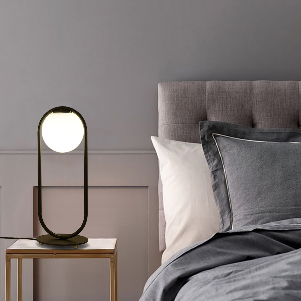 Image of Black Metal White Glass Globe Table Lamp LED for Bedroom